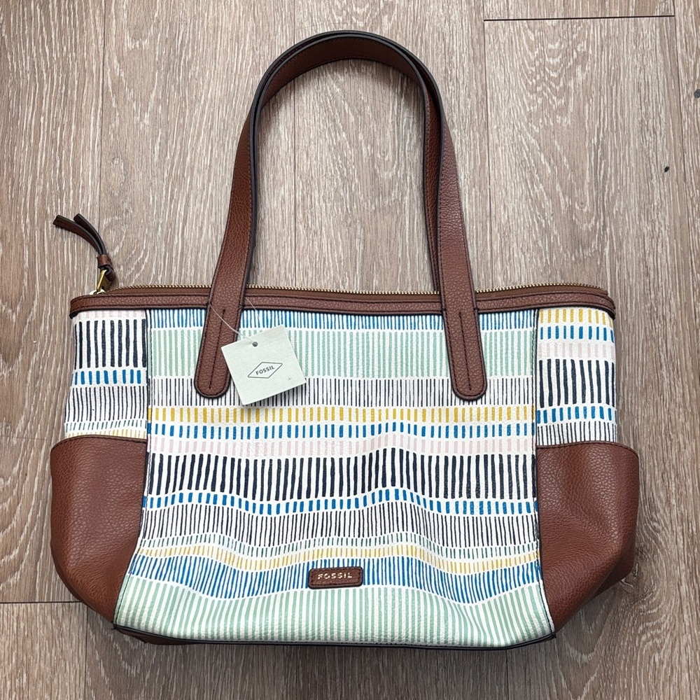 New! Fossil Mimi Shopper purse/tote, blue/green/brown multicolor stripe